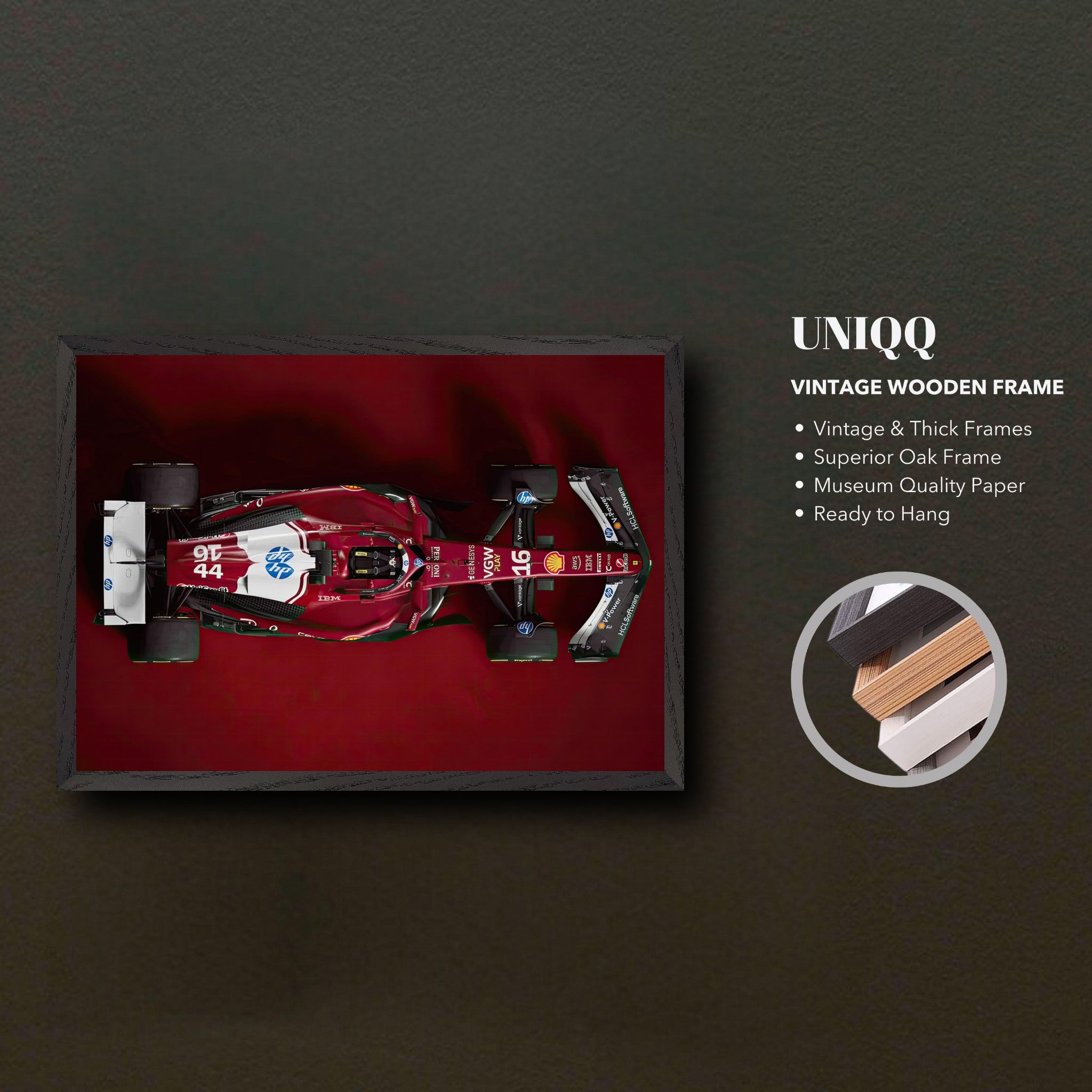 Ferrari F1 2025 vintage framed art showcasing superior oak frame and museum quality paper ready to hang.