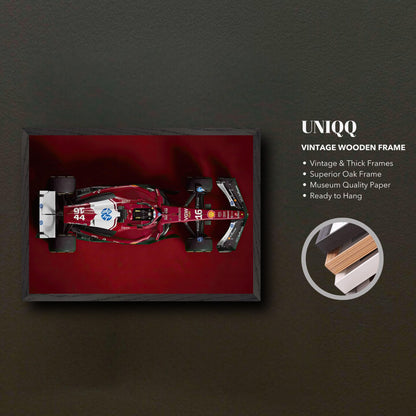 Ferrari F1 2025 vintage framed art showcasing superior oak frame and museum quality paper ready to hang.