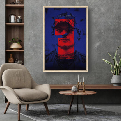 Max Verstappen framed canvas print displayed in a stylish interior, showcasing vibrant colors and detailed artwork.