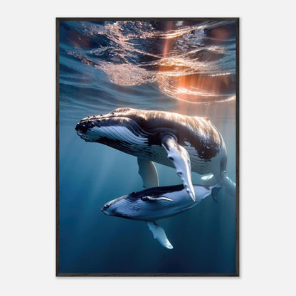 Underwater photography of a humpback whale and calf, showcasing sunlight and ocean beauty in fine art print.