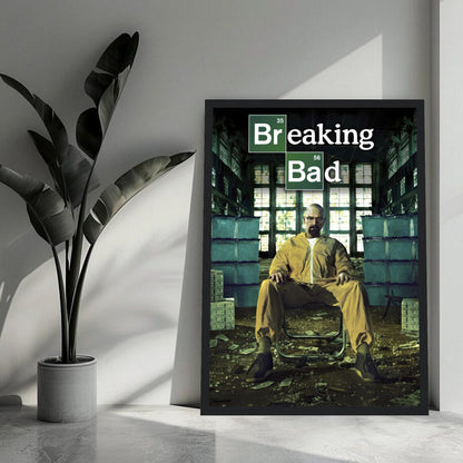 Walter White framed poster from Breaking Bad, showcasing the character in a yellow hazmat suit in an intense setting.