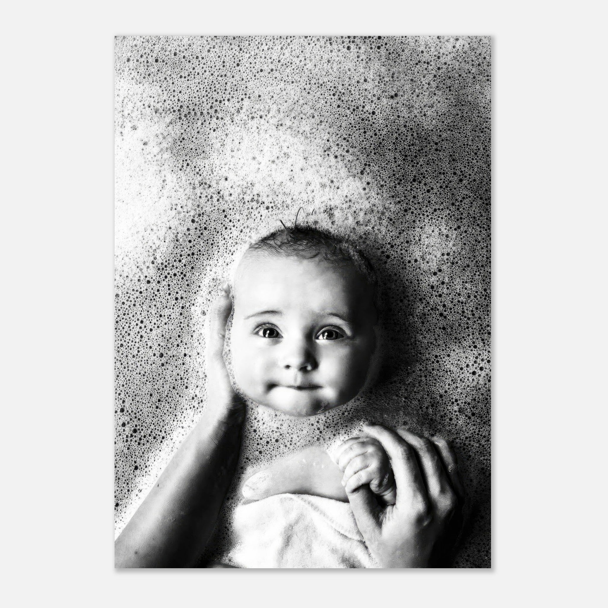Baby Bath Photography Poster featuring a serene baby surrounded by soft bubbles in black and white.