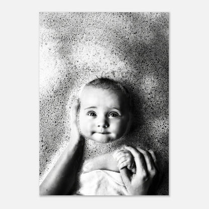 Baby Bath Photography Poster featuring a serene baby surrounded by soft bubbles in black and white.