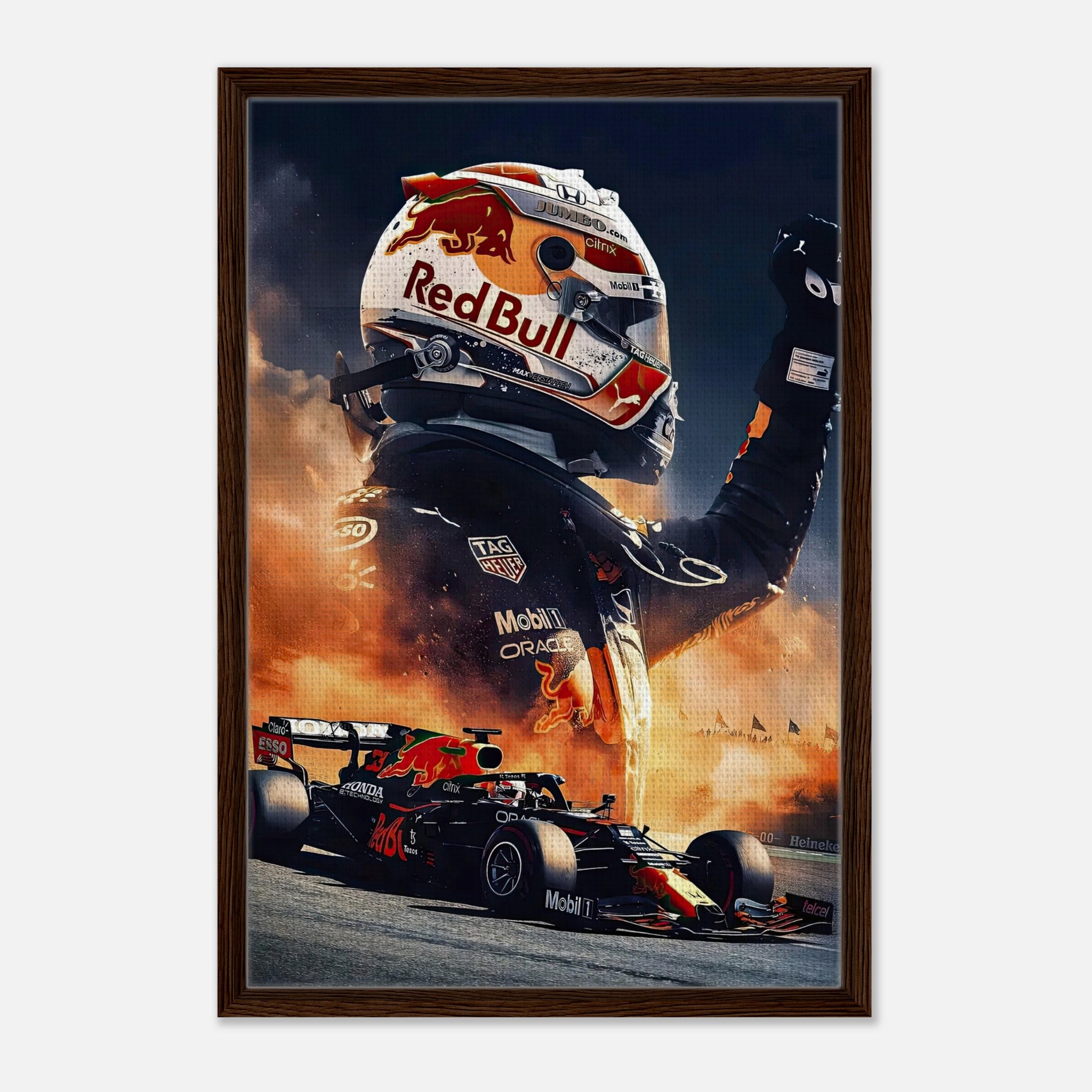 Max Verstappen Red Bull framed canvas print featuring a dynamic Formula 1 scene with vibrant colors and textured finish.