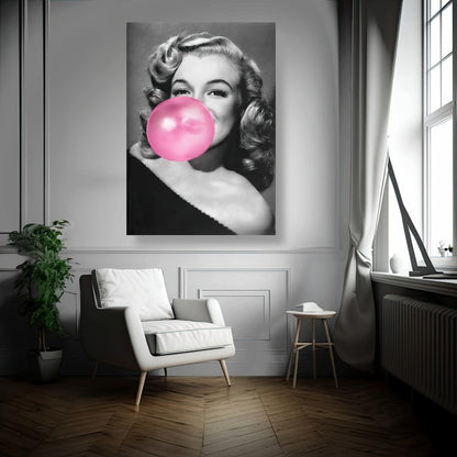 Marilyn Monroe blowing pink bubble gum in a stylish room with modern decor and bright lighting.