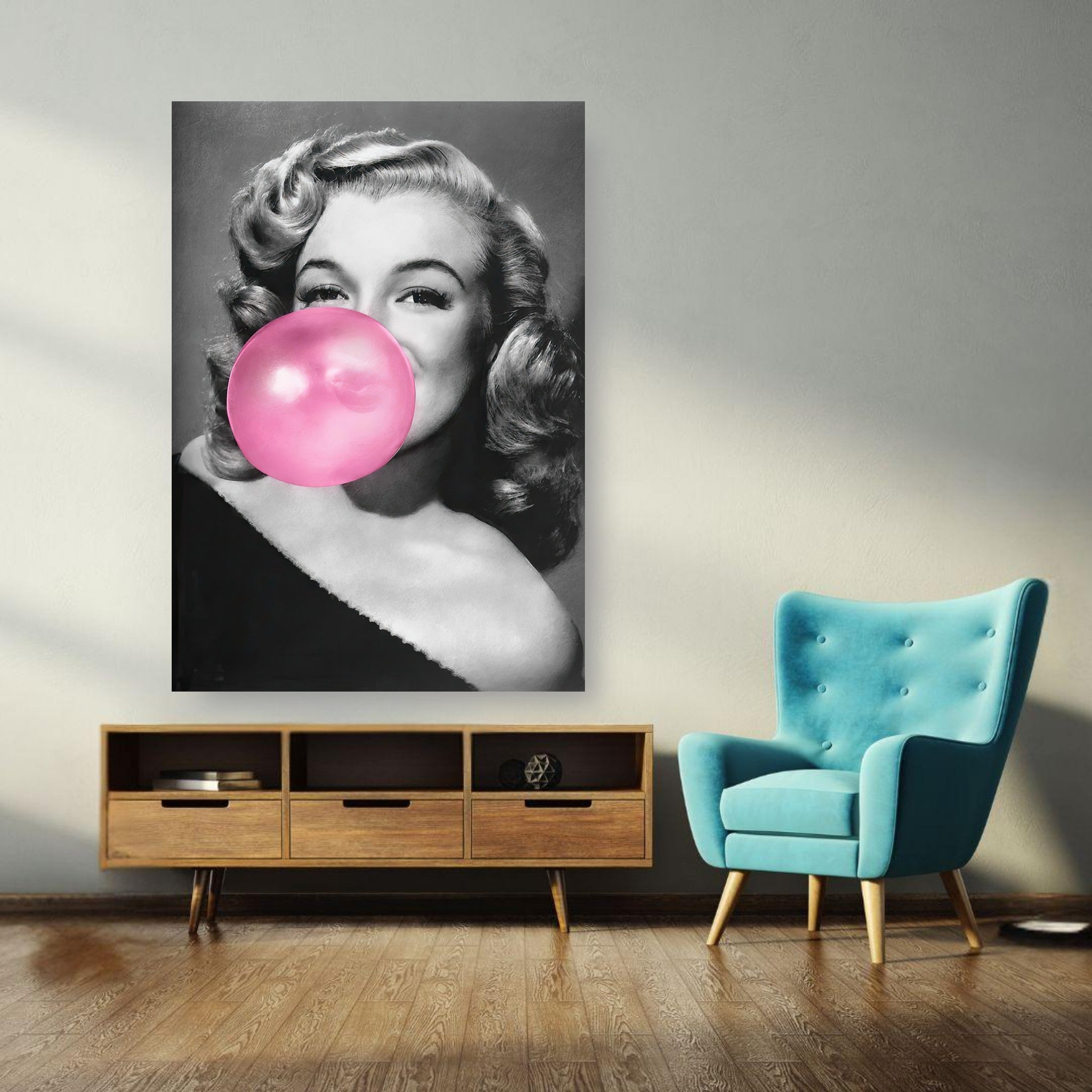 Marilyn Monroe Bubble Gum poster featuring her blowing a pink bubble in a stylish room setting.