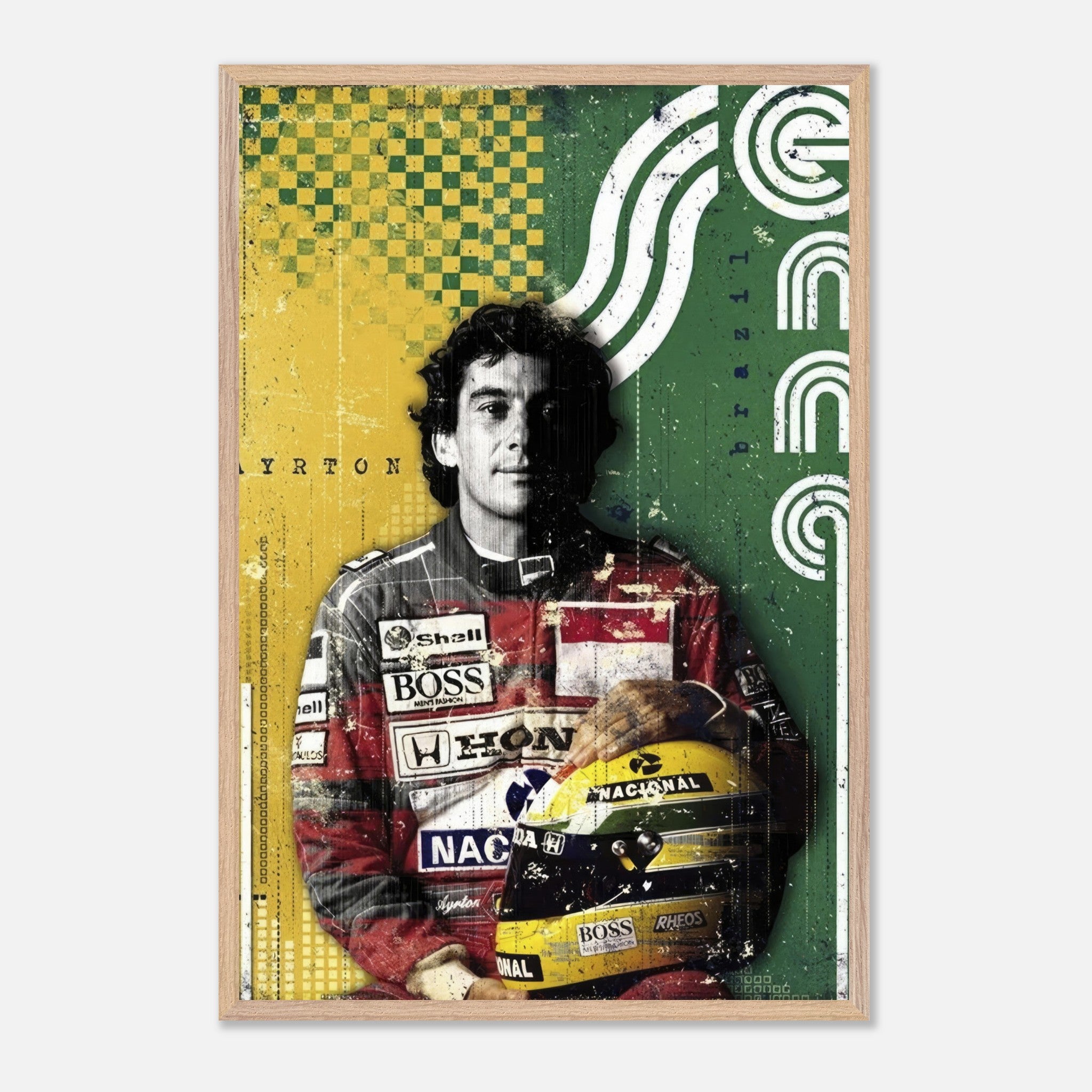 Ayrton Senna vintage framed print featuring bold colors and retro design, celebrating the F1 legend's legacy.