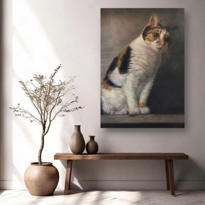 Realistic cat portrait painting on brushed metal, showcasing a soulful feline expression in elegant home decor.