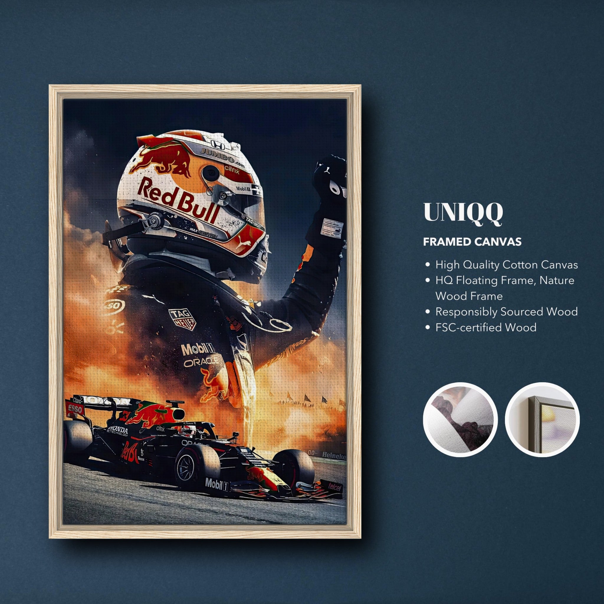 Max Verstappen Red Bull framed canvas print showcasing Formula 1 excitement with vibrant colors and a textured finish.