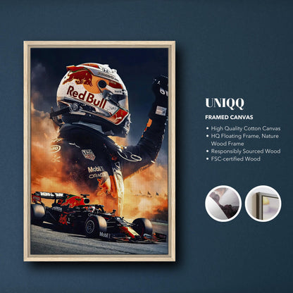 Max Verstappen Red Bull framed canvas print showcasing Formula 1 excitement with vibrant colors and a textured finish.