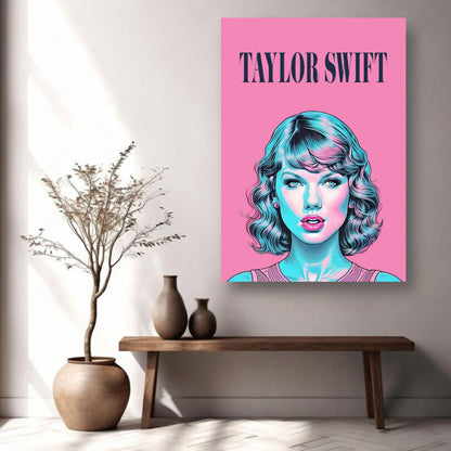 Taylor Swift pop art metal print in vibrant pink and teal hues displayed on a modern wall with decor items.