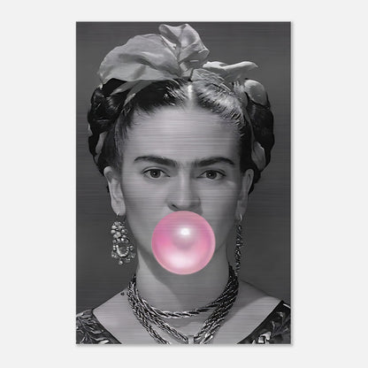 Frida Kahlo artwork on brushed metal featuring her blowing a pink bubble gum, blending classic art with modern style.