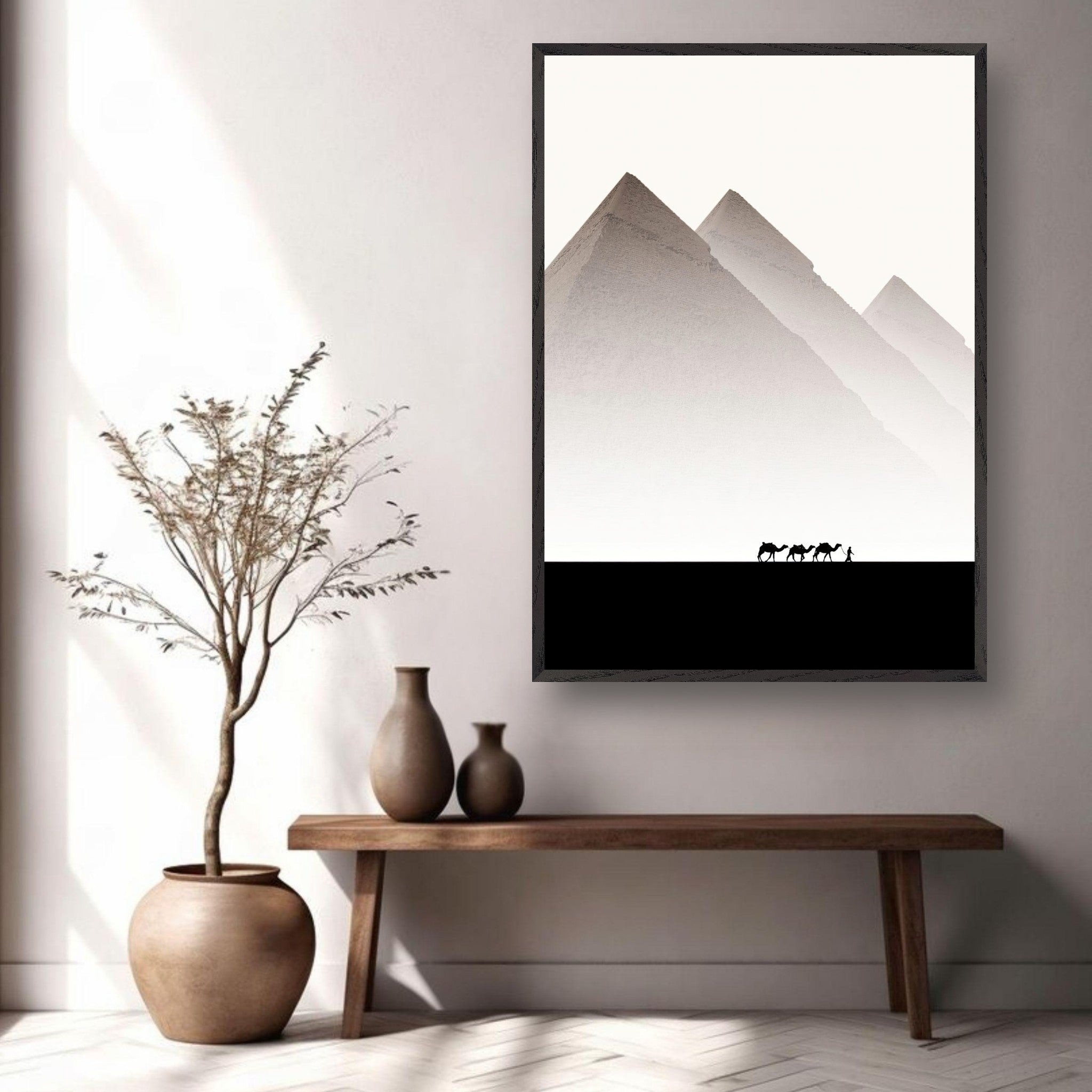 Pyramids of Giza framed art showcasing minimalist travel photography with camels against a soft sky.