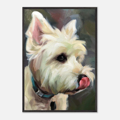 Westie dog painting vintage framed print, showcasing a playful West Highland White Terrier.