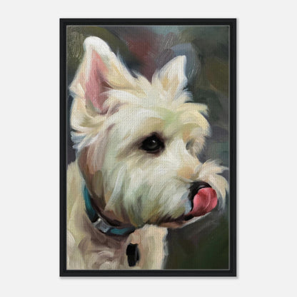 Westie dog painting framed canvas print showcasing playful expression and fluffy coat in vibrant colors.