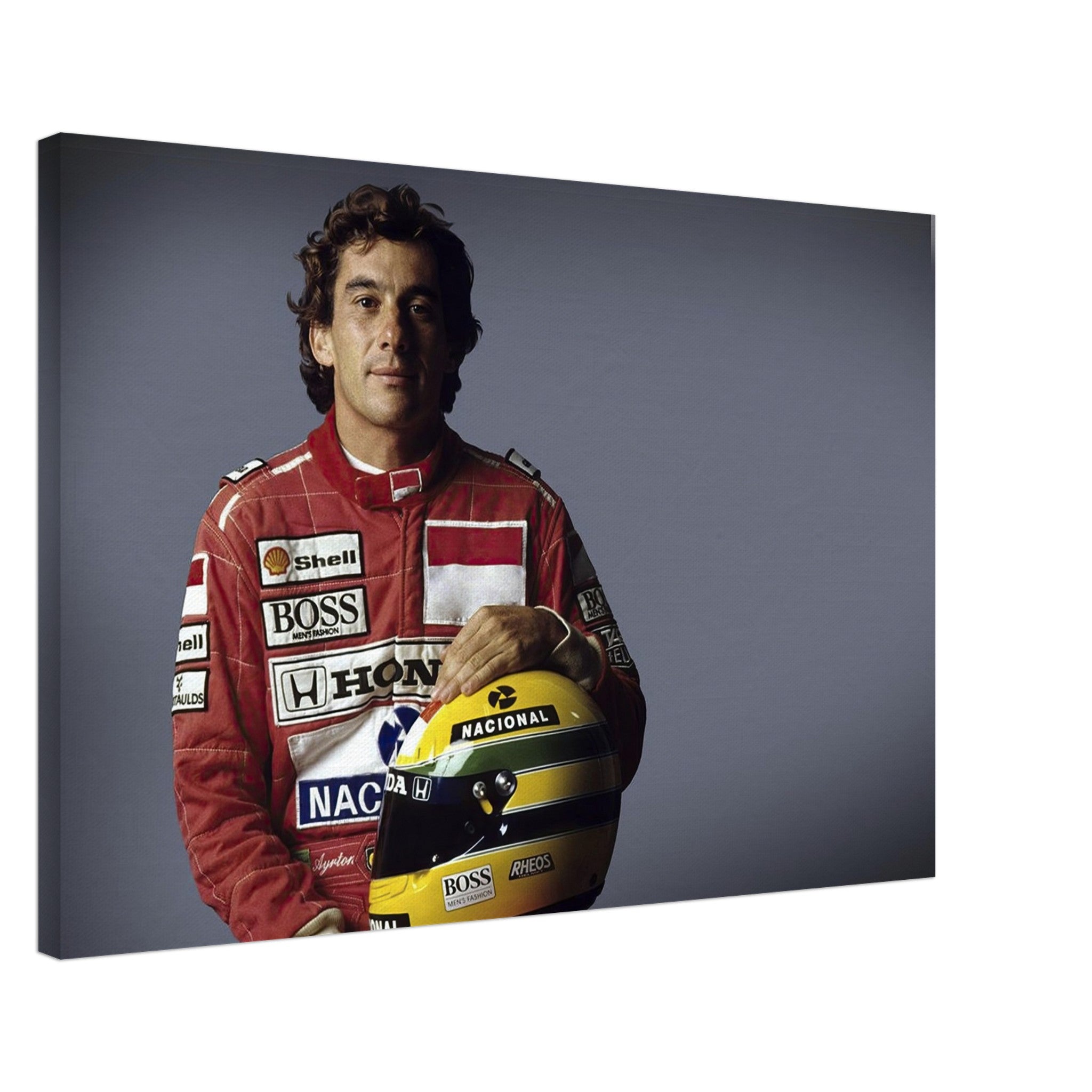 Ayrton Senna canvas print featuring the legendary racer holding his helmet, showcasing vibrant colors and modern design.