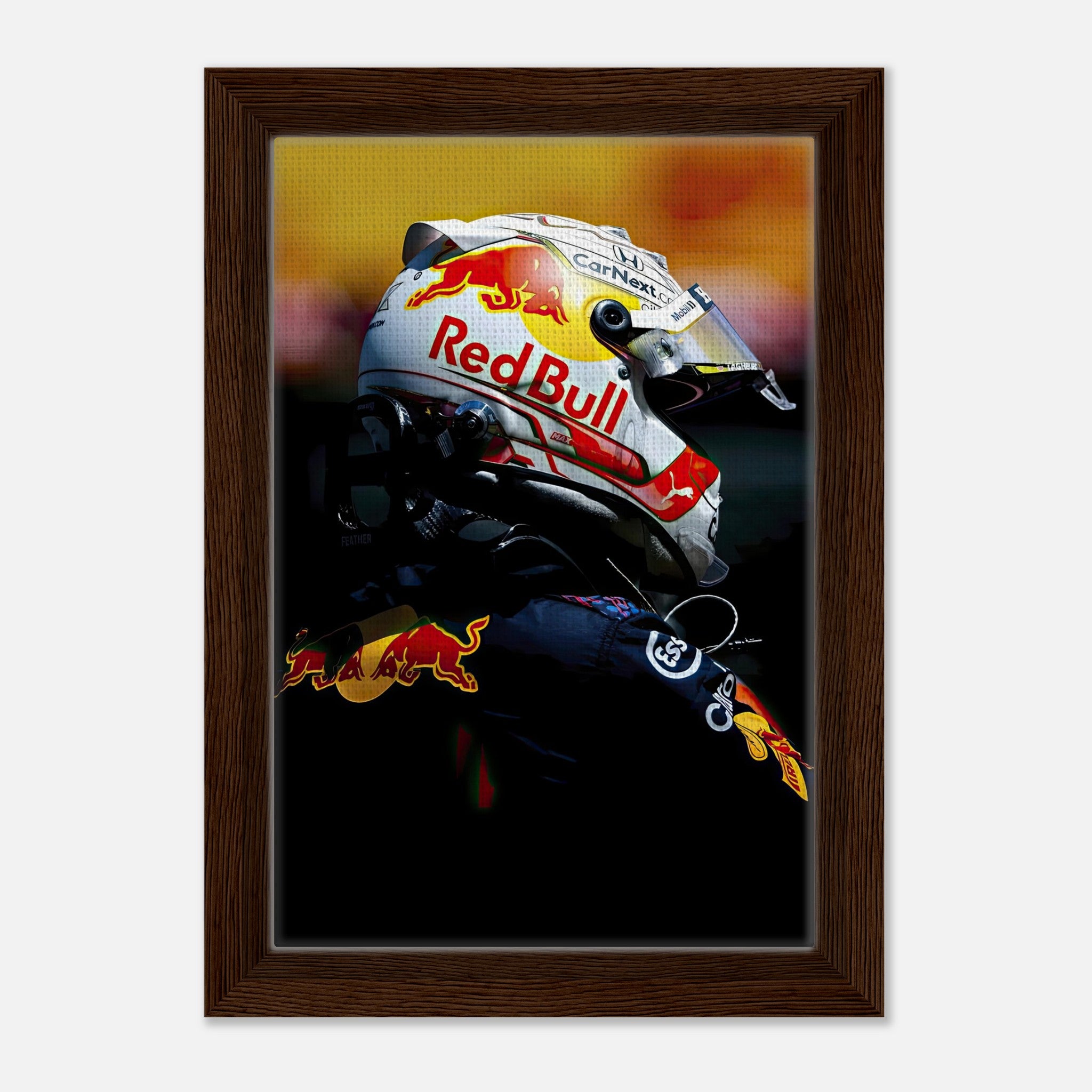 Framed canvas print of Max Verstappen in Red Bull gear, showcasing vibrant colors and fine details, perfect for any F1 fan.