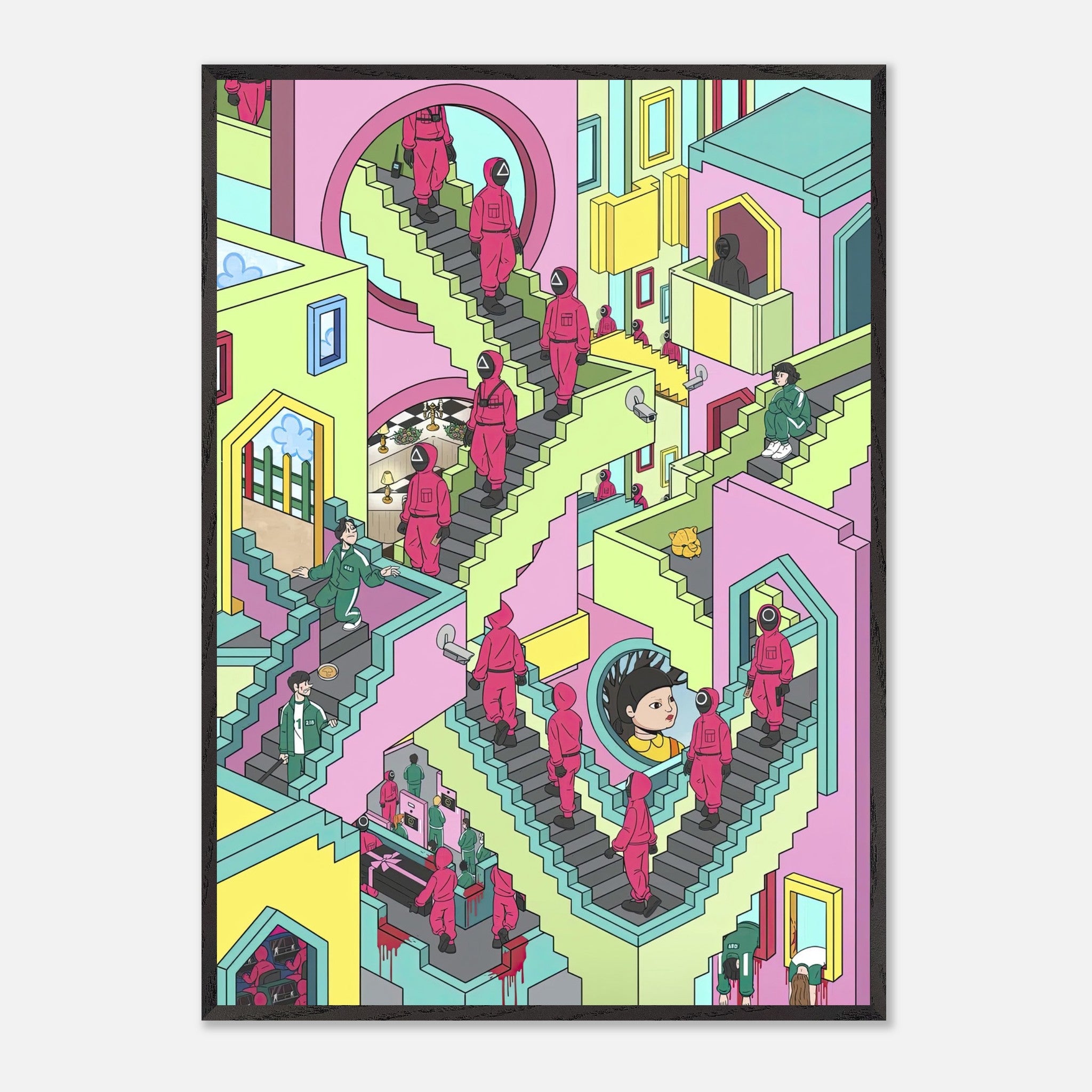 Squid Game Stairs fine art print featuring vibrant colors and intricate details of maze-like staircases.