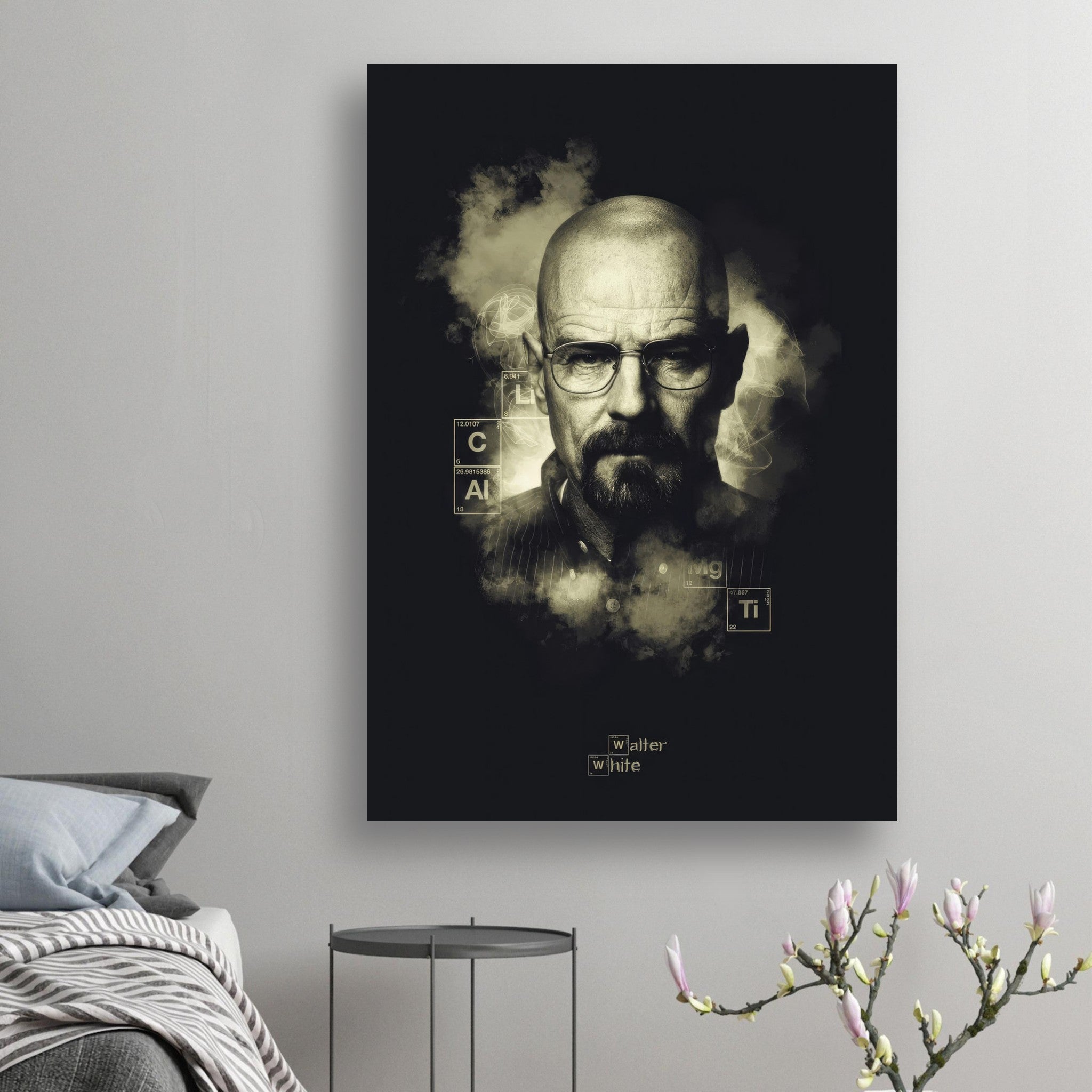 Walter White Heisenberg poster featuring a dramatic black-and-white portrait with chemistry elements, ideal for "Breaking Bad" fans.