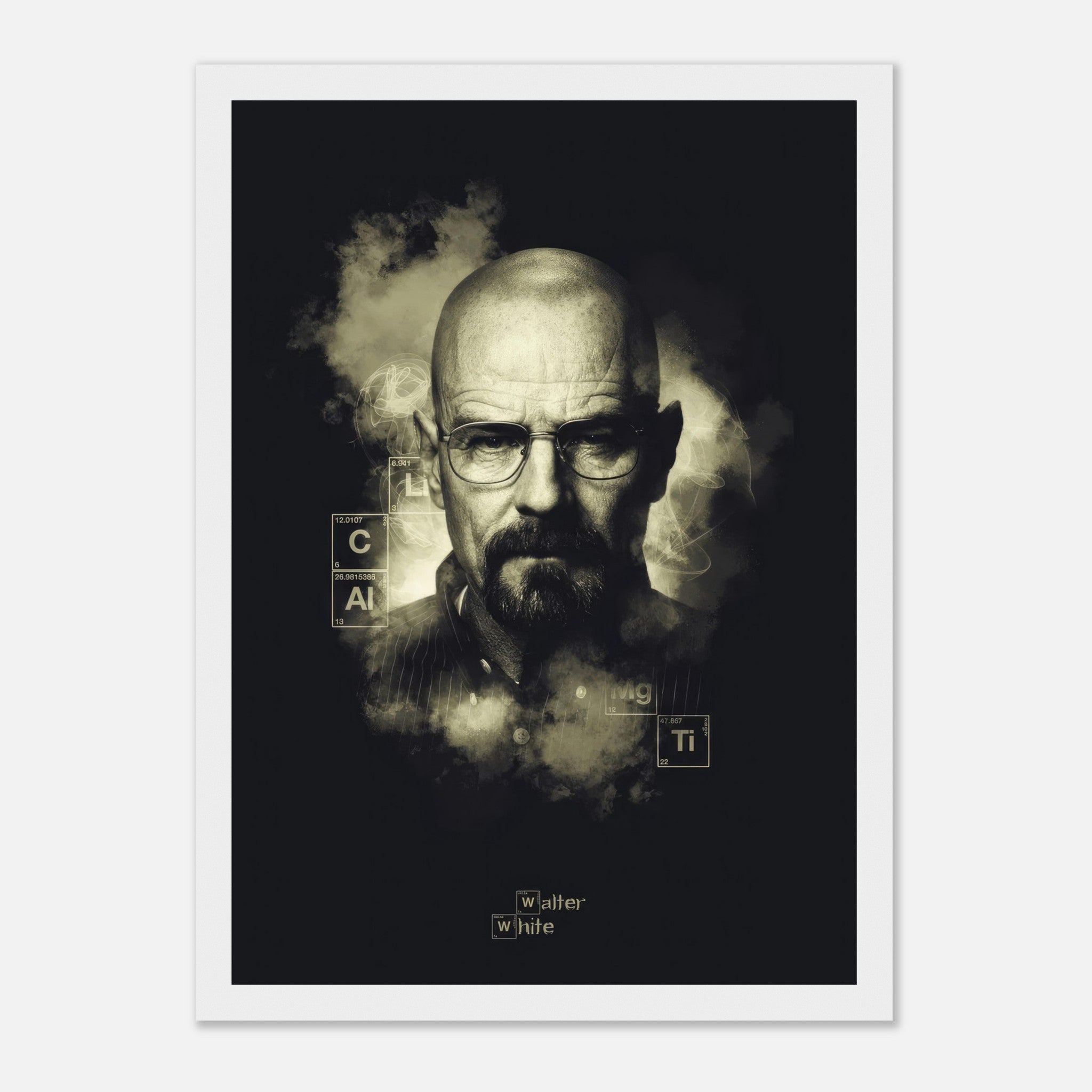 Walter White Heisenberg framed poster featuring a striking black-and-white portrait with smoky background.