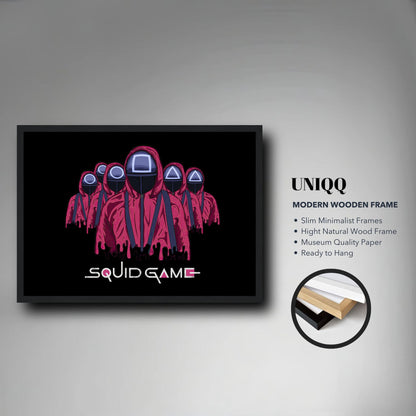 Squid Game Soldiers framed poster featuring pink-clad guards with geometric masks, ready to hang on your wall.