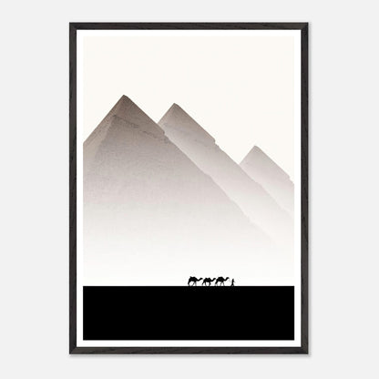 Framed Giclée art of Pyramids of Giza with silhouettes of camels against a minimalist background.