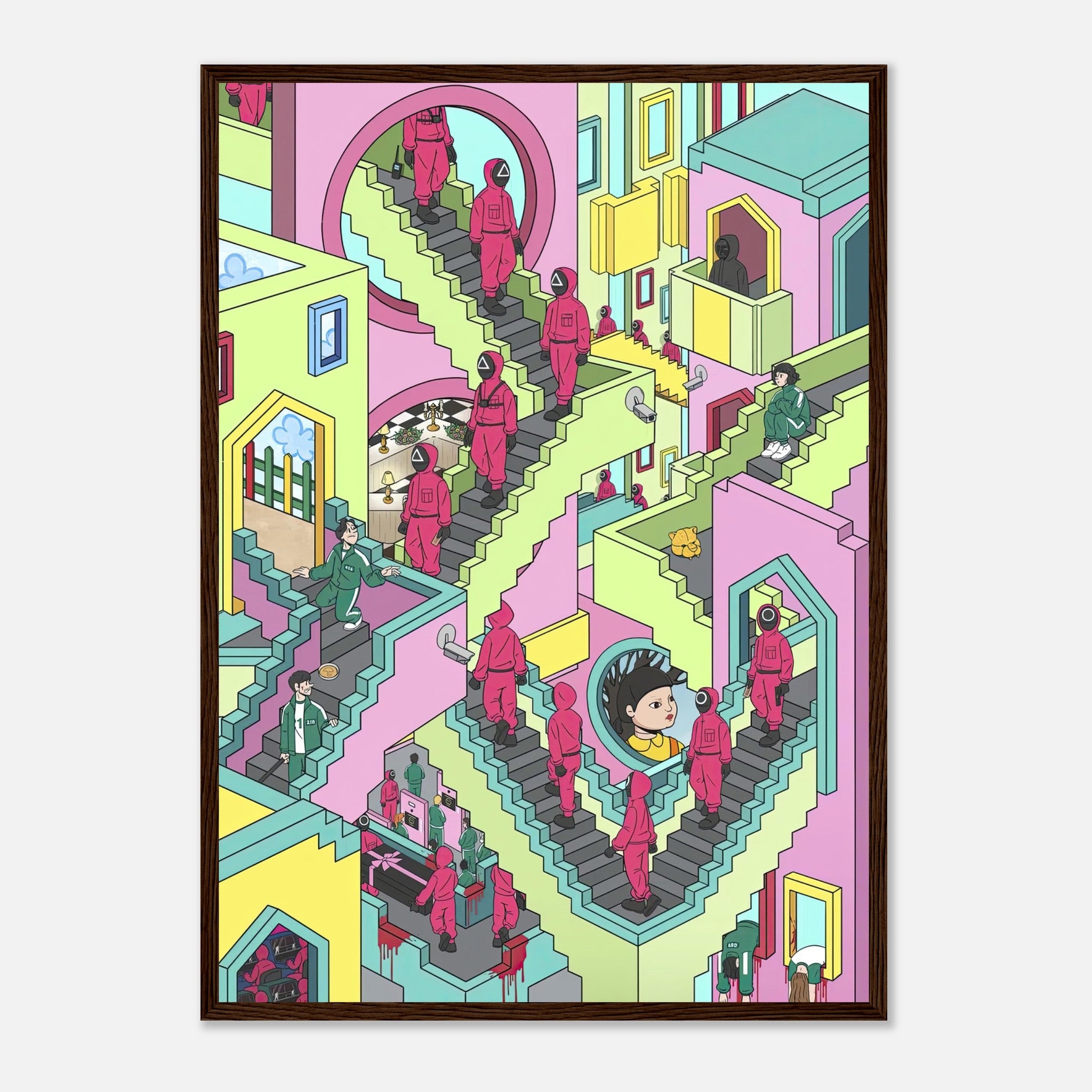 Squid Game Stairs framed print featuring vibrant pastel tones and intricate Escher-inspired designs.