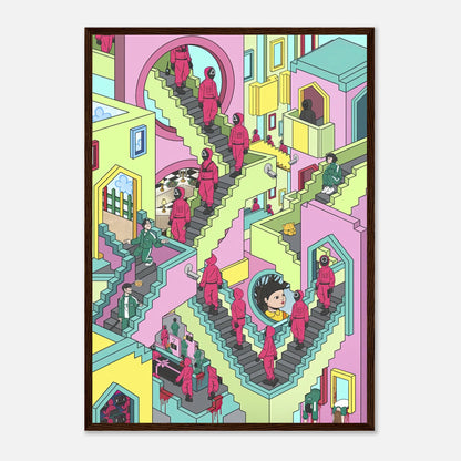 Squid Game Stairs framed print featuring vibrant pastel tones and intricate Escher-inspired designs.