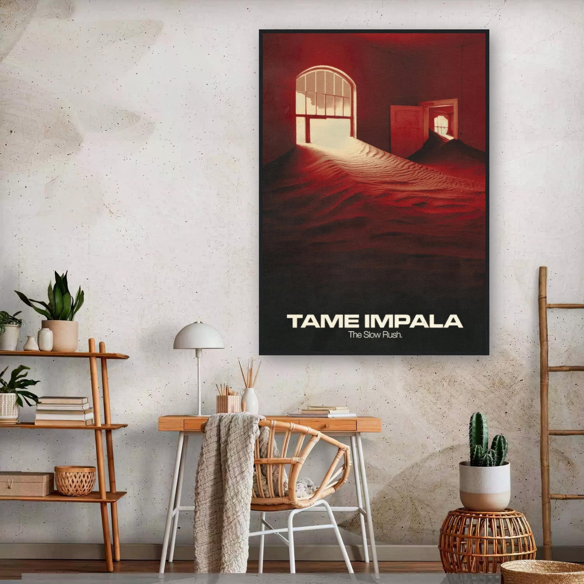 Framed print of Tame Impala's The Slow Rush, showcasing surreal imagery in warm tones on a modern interior wall.