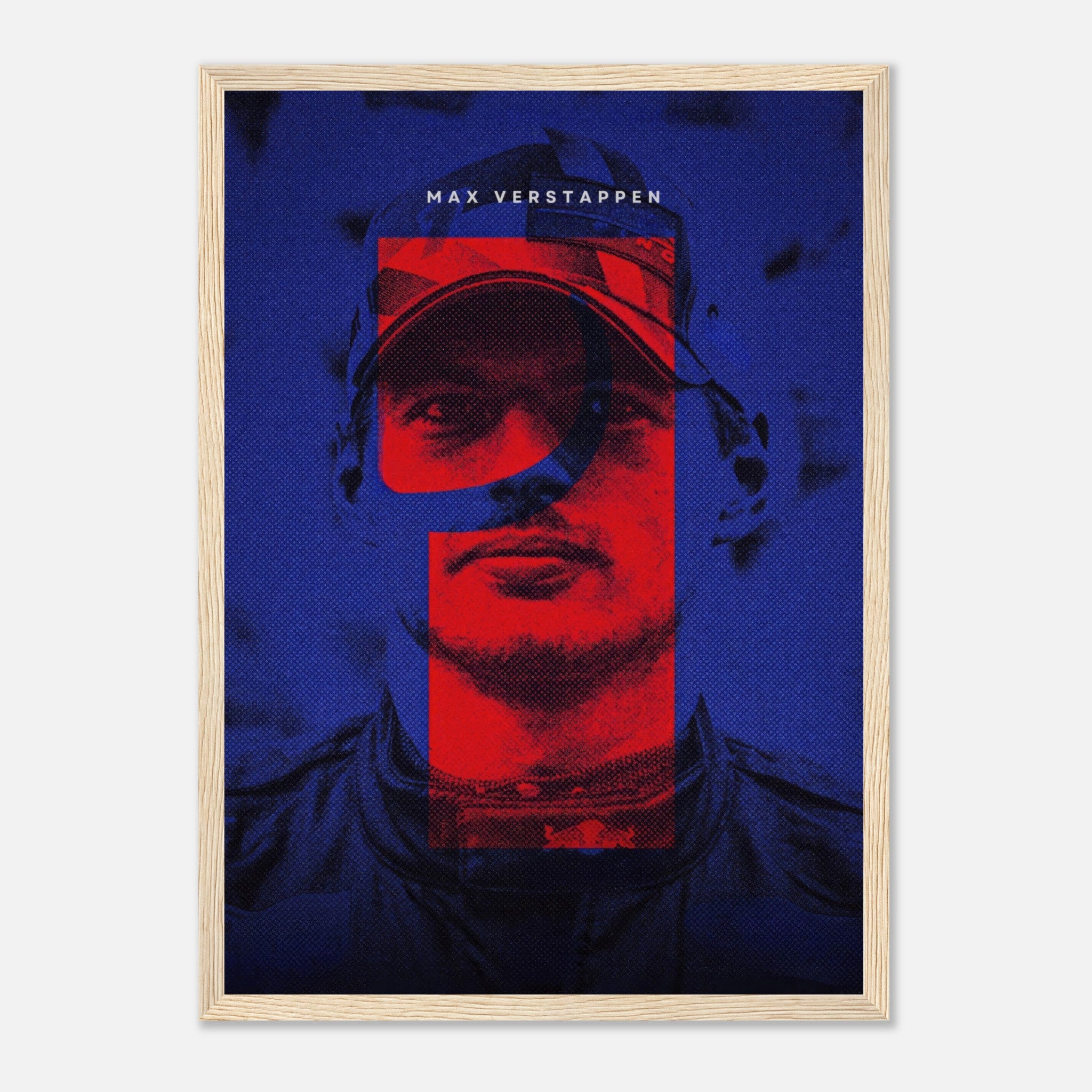 Framed print of Max Verstappen, featuring dynamic design and bold colors, celebrating his Formula 1 championship spirit.