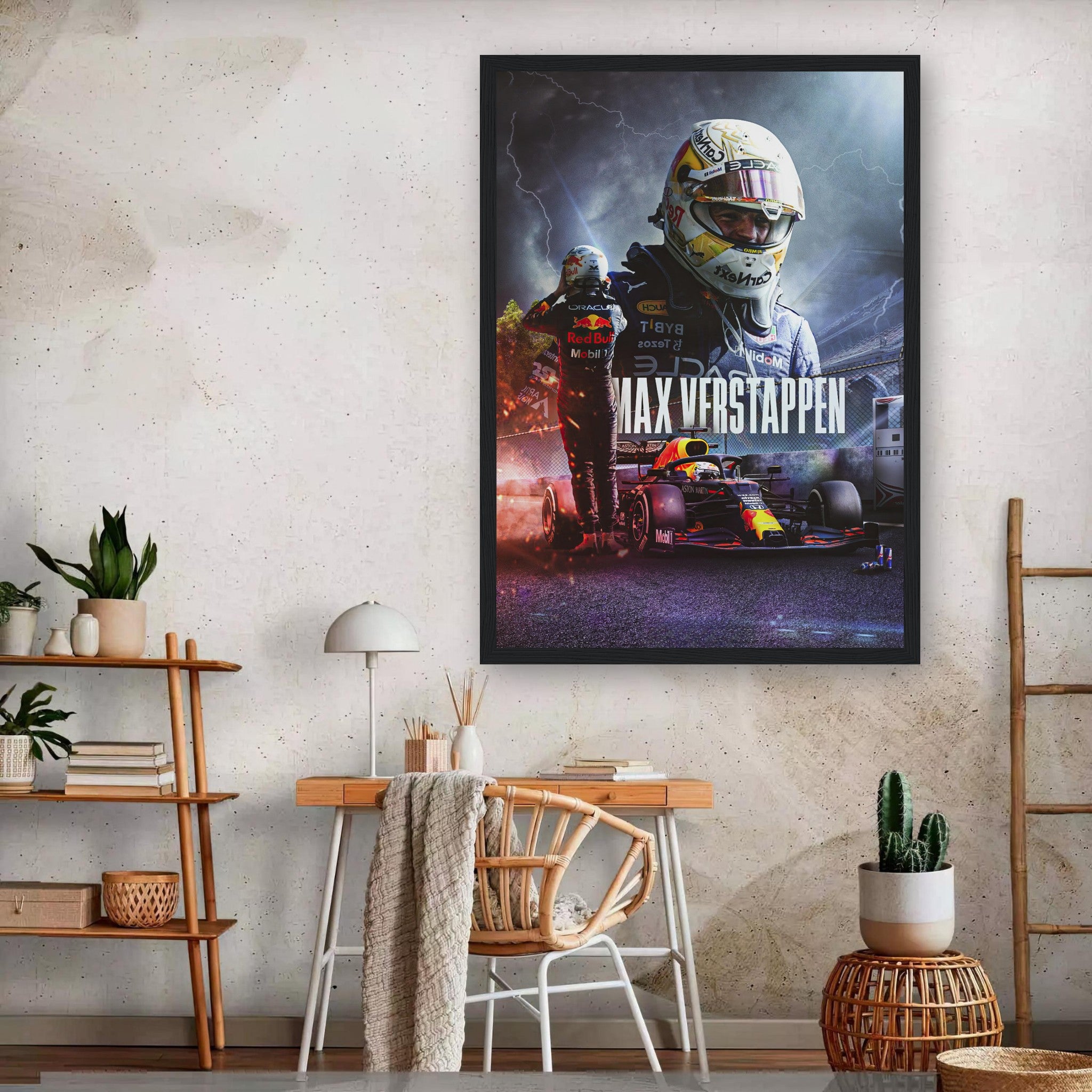 Max Verstappen Red Bull Racing framed print showcasing F1 artwork in a stylish interior setting.