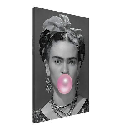 Frida Kahlo Bubble Gum Canvas art featuring a grayscale portrait with vibrant pink bubble gum detail, perfect for modern decor.