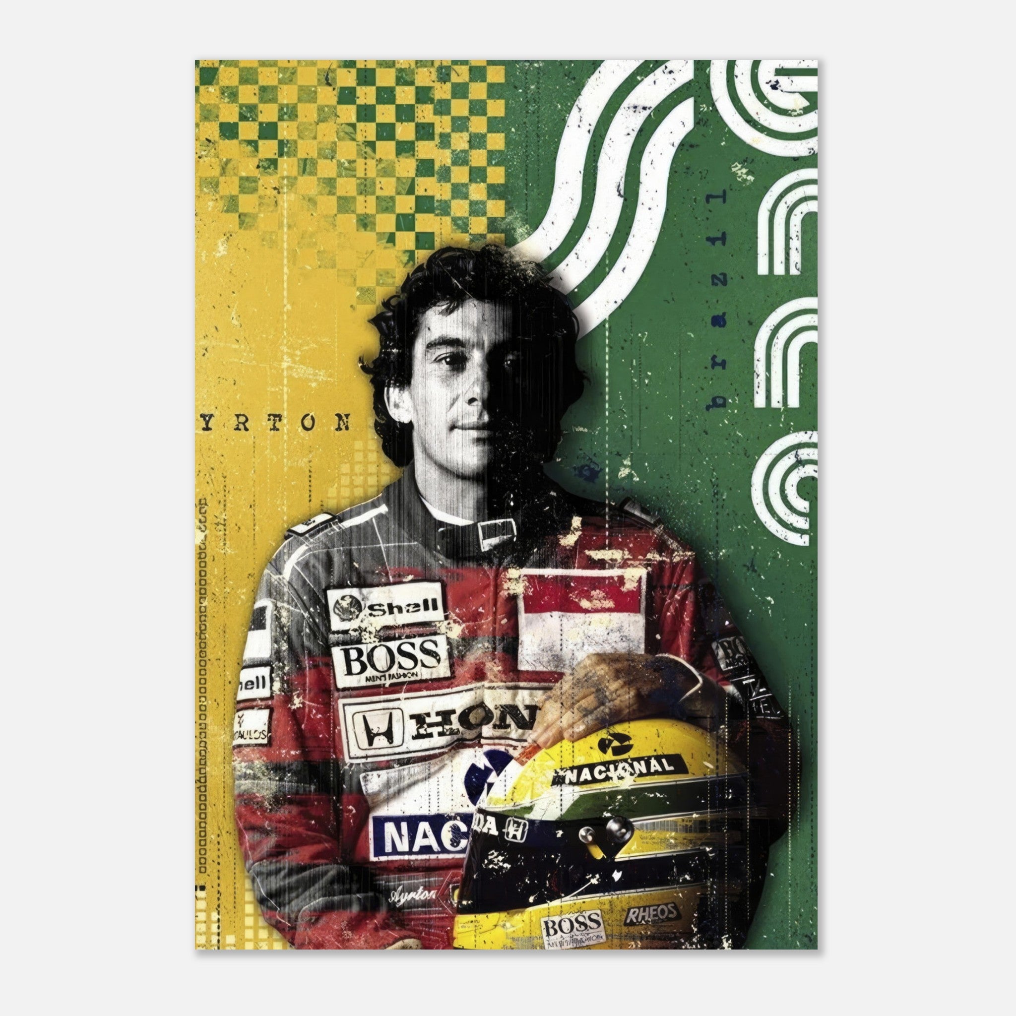 Ayrton Senna metal poster featuring vibrant Brazilian colors, capturing the spirit of the F1 legend in a stylish design.