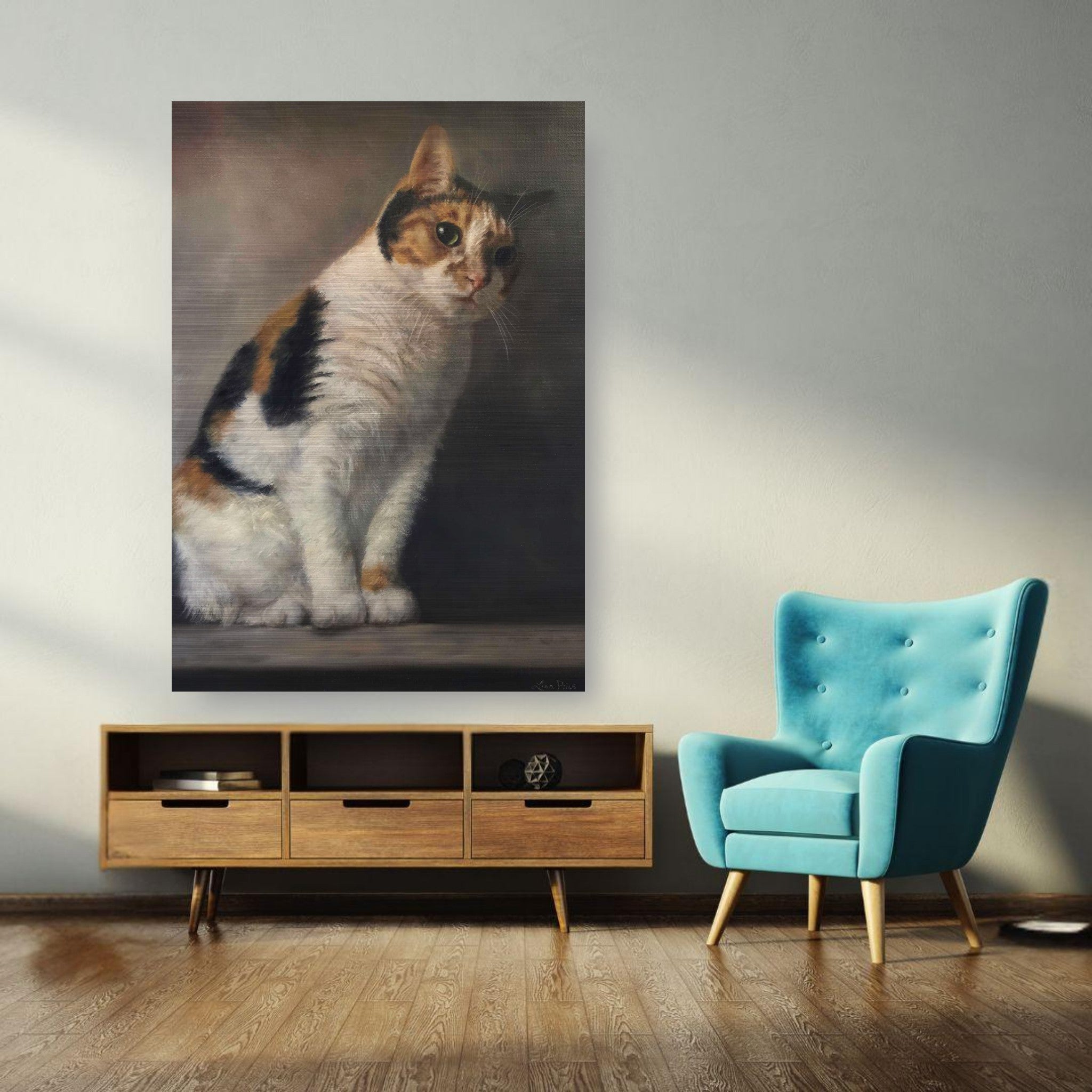 Realistic cat portrait painting on brushed metal, showcasing detailed brushstrokes and warm colors in a modern living space.
