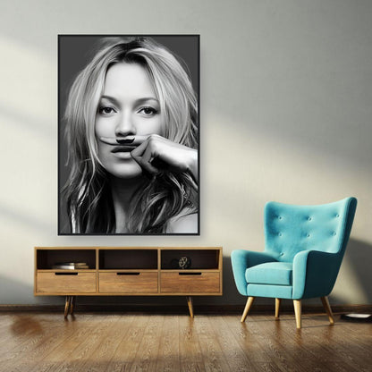 Kate Moss Mustache Framed Print displayed in a modern living room with teal chair and wooden furniture.