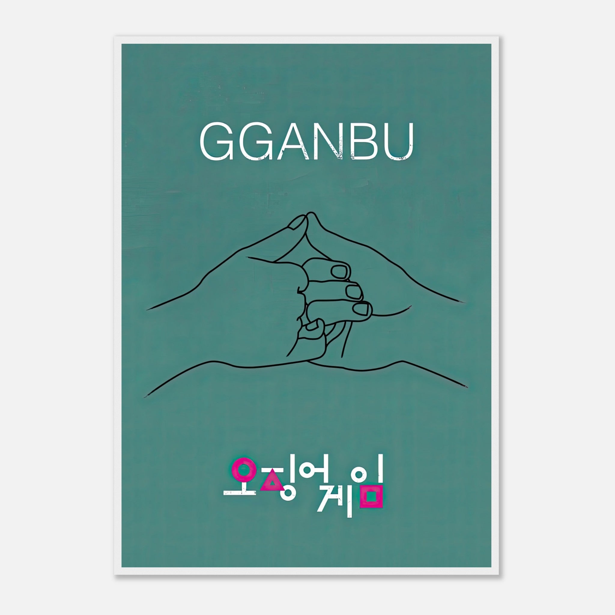 GGANBU Squid Game framed print showcasing iconic handshake design on a teal background.