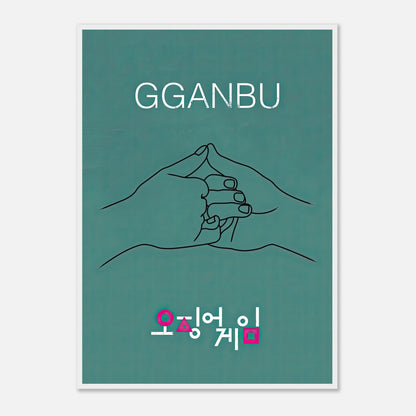 GGANBU Squid Game framed print showcasing iconic handshake design on a teal background.