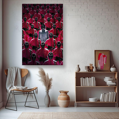 Squid Game Guards Canvas Print showcasing guards in red uniforms and masks, adding a striking focal point to modern decor.