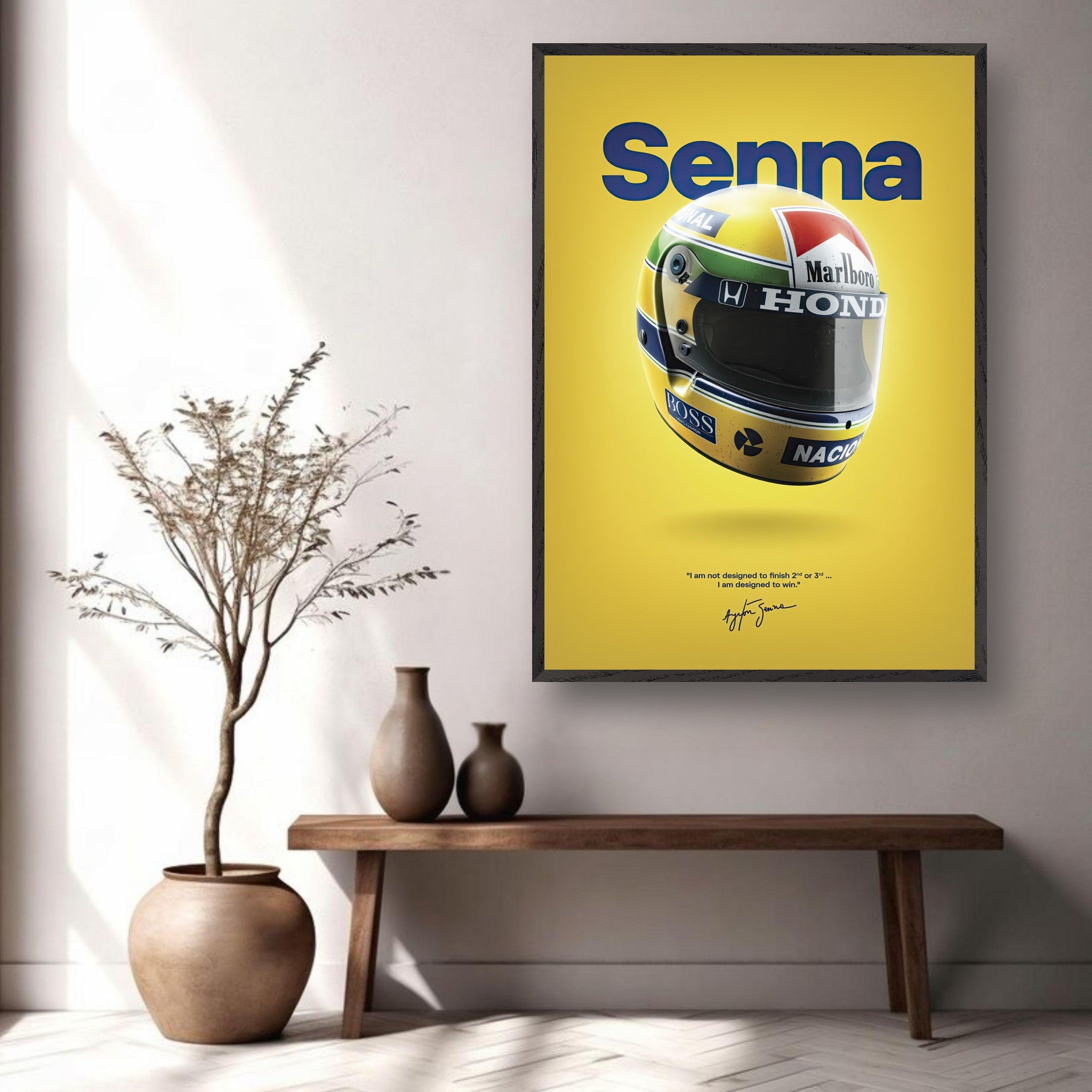 Ayrton Senna vintage helmet art framed against yellow background in stylish home decor setting.