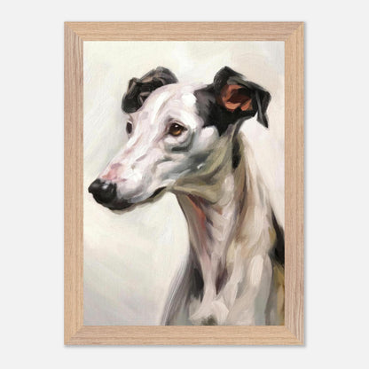 Greyhound dog painting in vintage frame, showcasing elegant brushstrokes and soft colors.