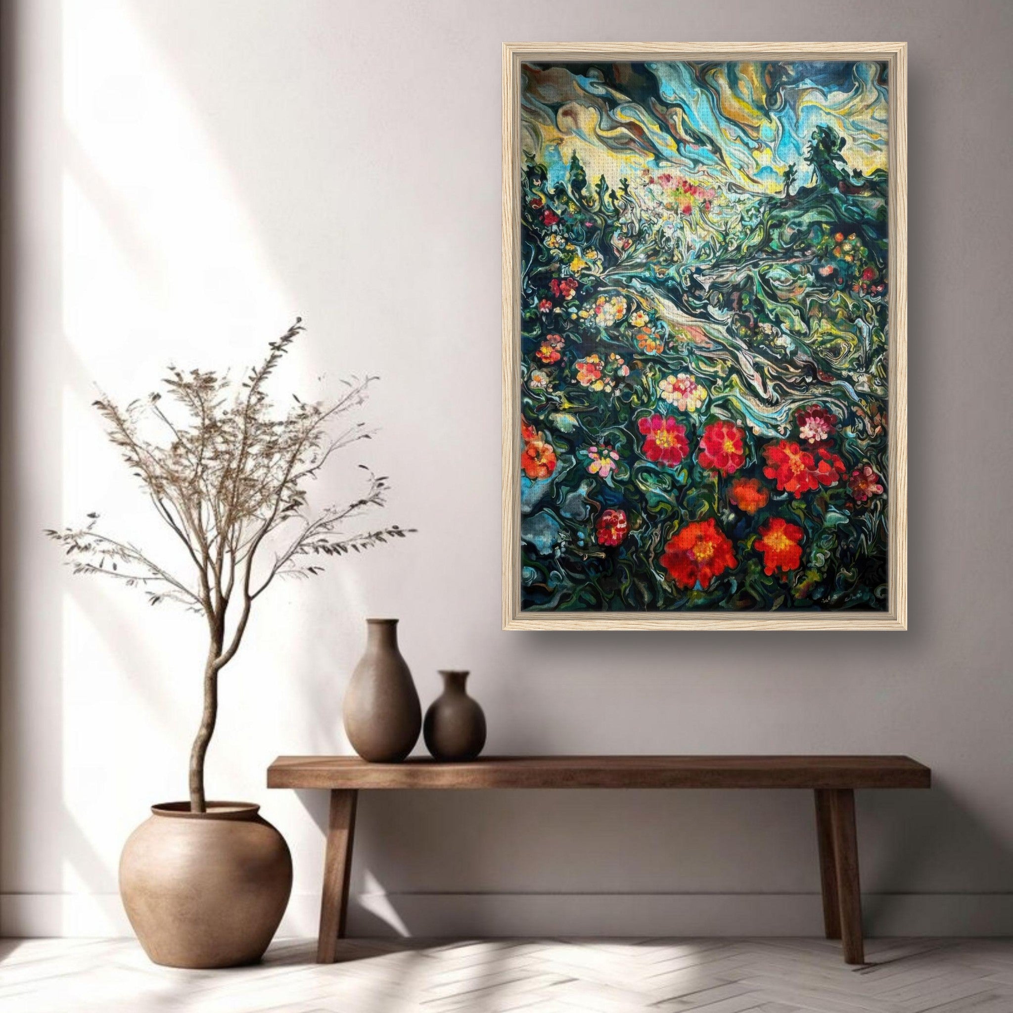 Abstract floral landscape painting in a frame, showcasing vibrant colors and dynamic brushstrokes on a wall.