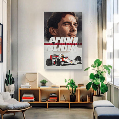 Canvas art of Ayrton Senna showcasing his legacy in Formula 1, displayed in a modern living space.