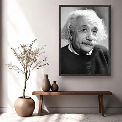 Black-and-white portrait of Albert Einstein in a modern home setting, showcasing a timeless fine art print.