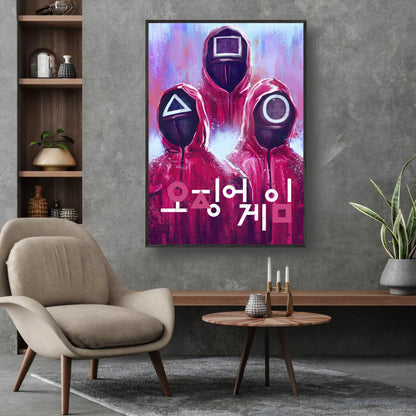 Squid Game fine art print featuring iconic guards in red uniforms and masks, set in a stylish interior decor.