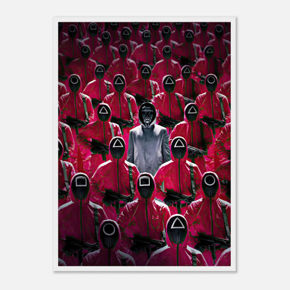 Squid Game Guards framed print featuring iconic pink-clad guards and their leader in a dramatic arrangement.