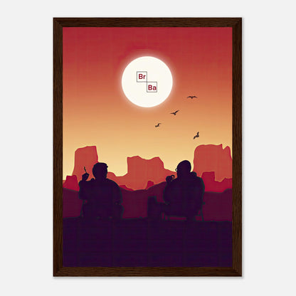 Sunset Breaking Bad framed poster featuring Walt and Jesse against a vibrant sunset, perfect for TV show fans.