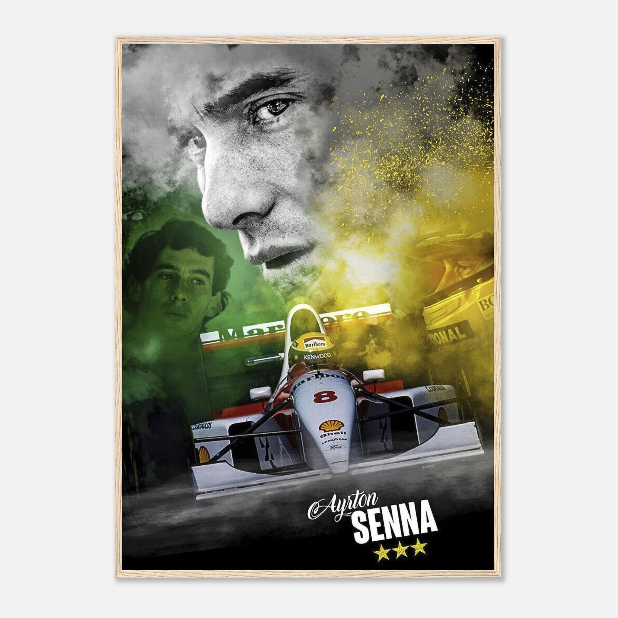 Ayrton Senna framed print featuring vibrant colors and iconic Formula 1 imagery, celebrating the legendary driver’s legacy.