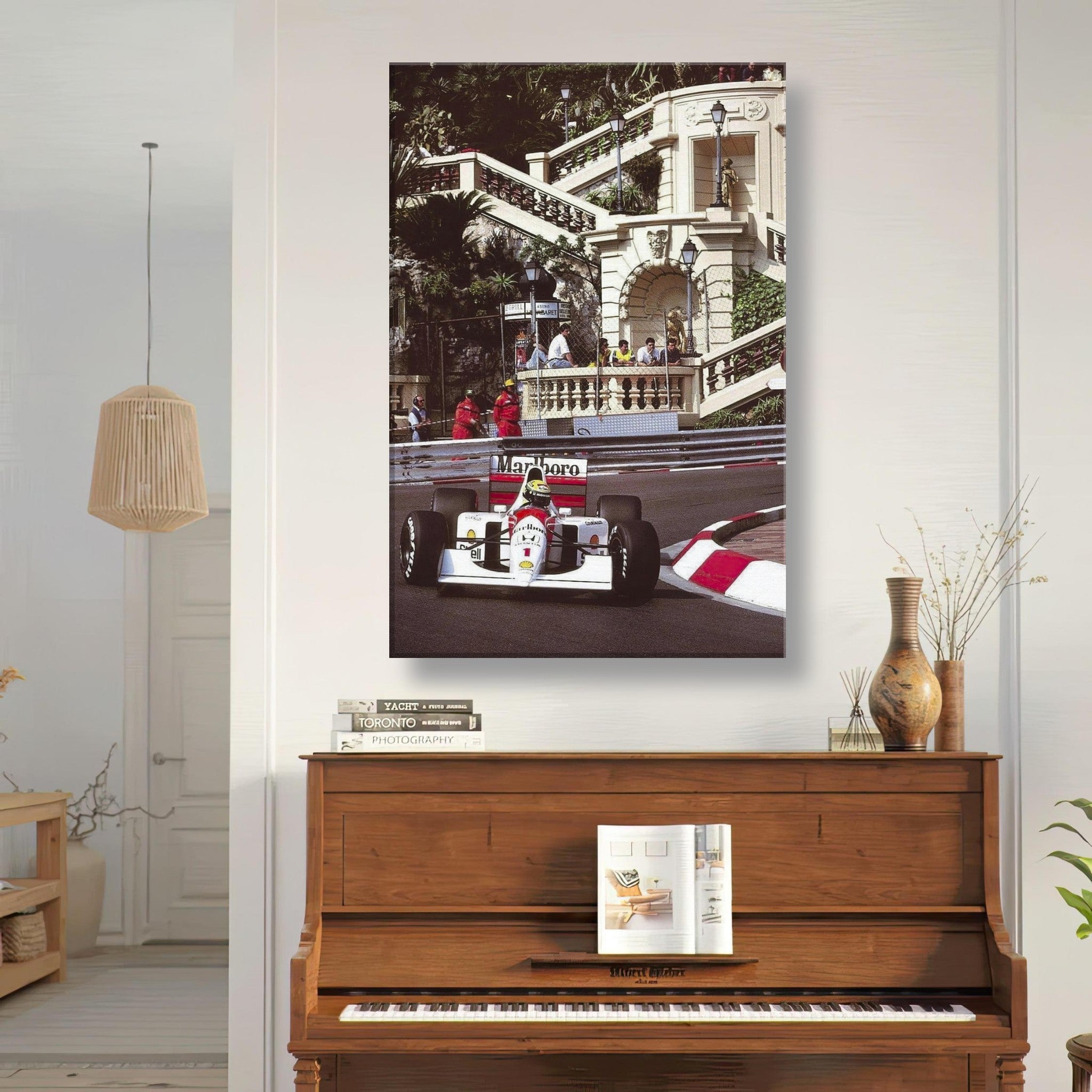 Ayrton Senna racing in his McLaren at Monaco, vibrant canvas print enhancing modern home decor.