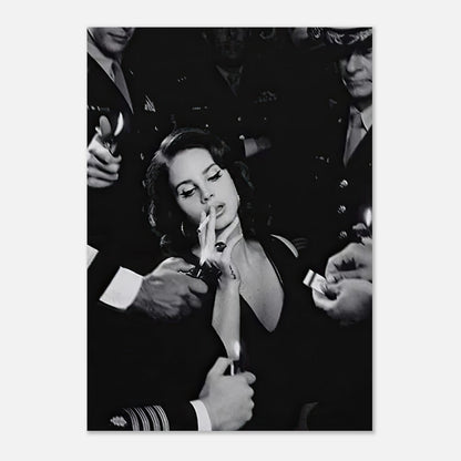 Lana Del Ray Smoking Poster in black and white, showcasing elegance and boldness with striking details.