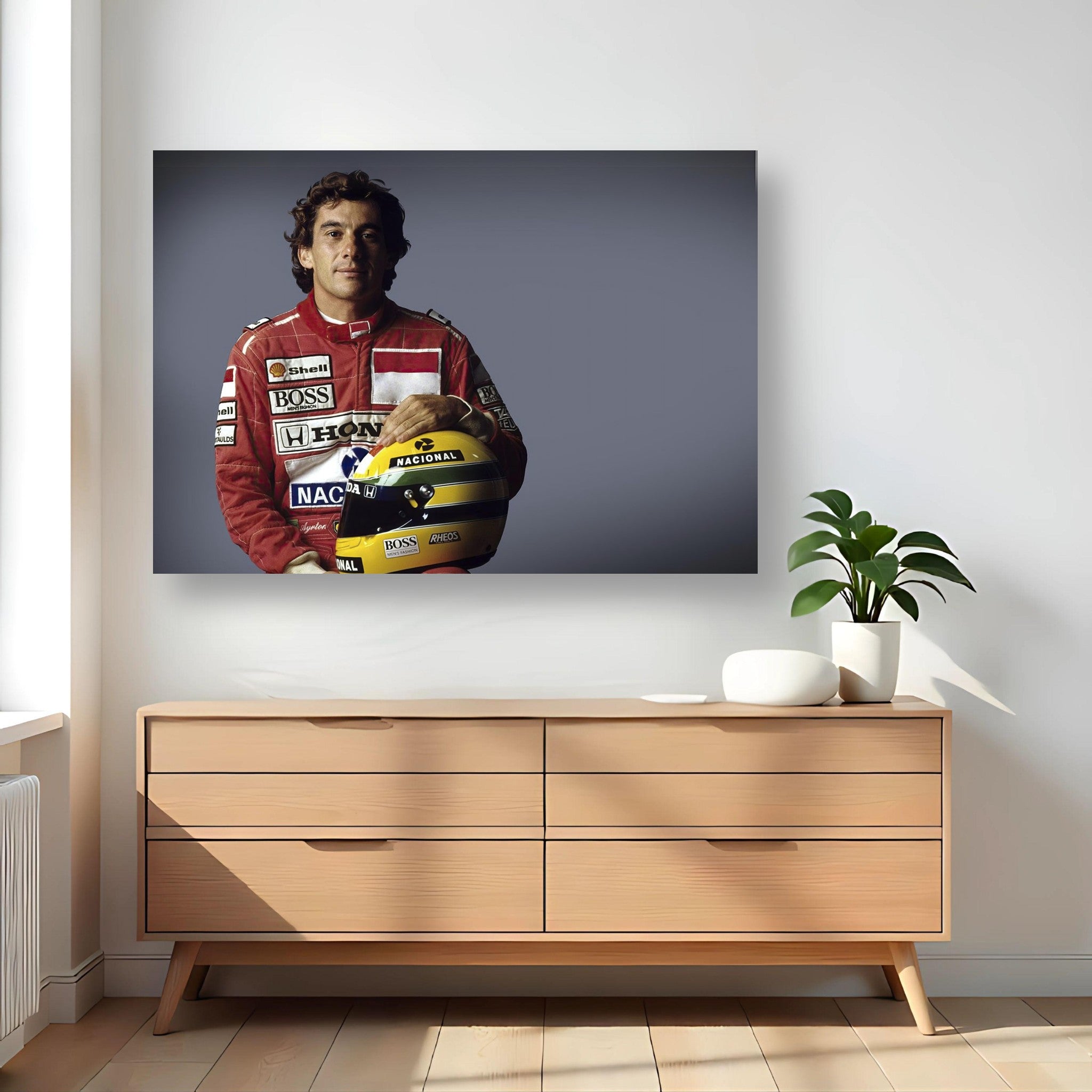 Ayrton Senna metal print displayed on a modern wall above a wooden sideboard, showcasing vibrant colors and artistic detail.